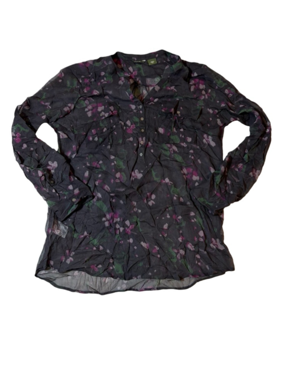 Eddie Bauer Silk Sheer Black Floral Button Blouse Whimsical Romantic Petite L